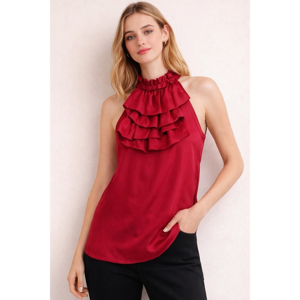 Elena‎ Solano Silk Ruffle Blouse Women Small Red Halter Neck Sleeveless Top